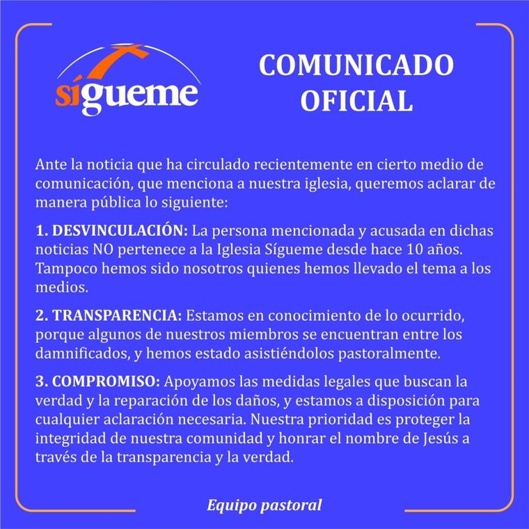 El comunicado oficial de la iglesia evangélica Sígueme en sus redes sociales. El comunicado oficial de la iglesia evangélica Sígueme en sus redes sociales.