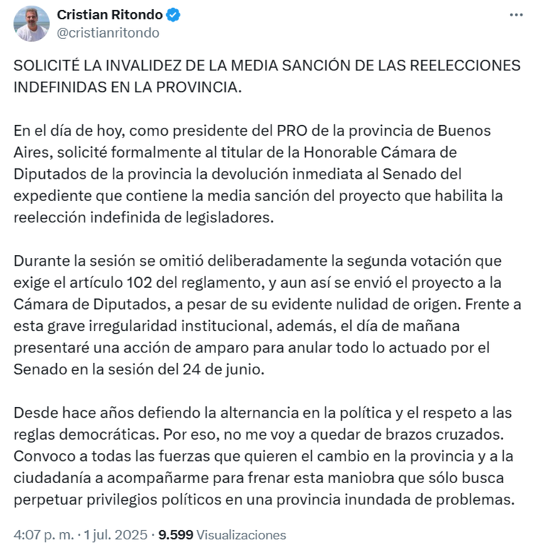 El presidente bonaerense del PRO, Cristian Ritondo, solicitó la invalidez de las reelecciones indefinidas. El presidente bonaerense del PRO, Cristian Ritondo, solicitó la invalidez de las reelecciones indefinidas.