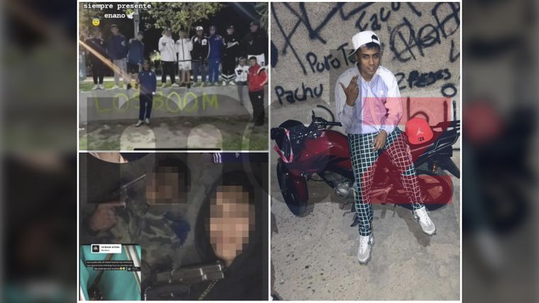 A la izquierda, la banda de los Boom y las armas que muestran en las redes. A la derecha, Facundo Huaihuas, uno de los detenidos, junto a su moto Honda. 