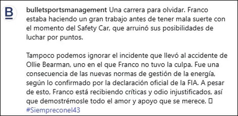 El comunicado de Bullet Sports Management, la agencia que representa a Franco Colapinto. El comunicado de Bullet Sports Management, la agencia que representa a Franco Colapinto.