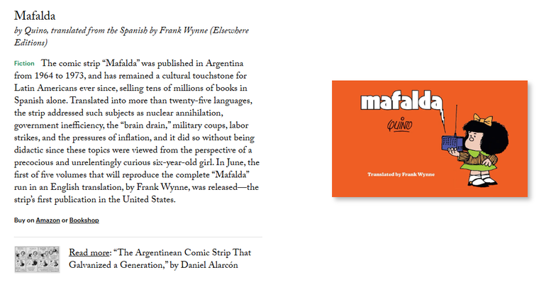 La crítica de The New Yorker sobre Mafalda. La crítica de The New Yorker sobre Mafalda.