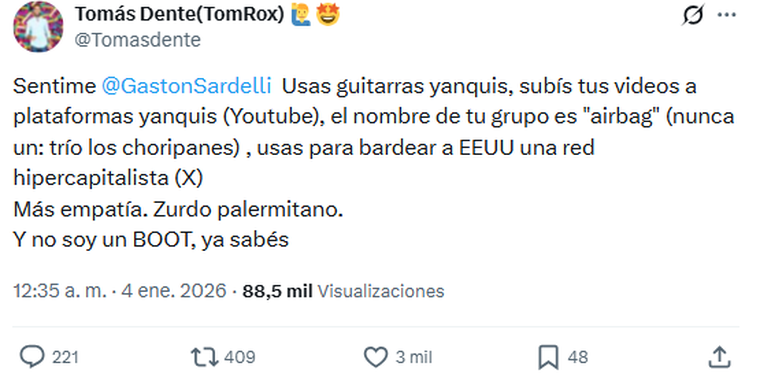 Tomás Dente destrozó a Gastón Sardelli, integrante de Airbag. Tomás Dente destrozó a Gastón Sardelli, integrante de Airbag.