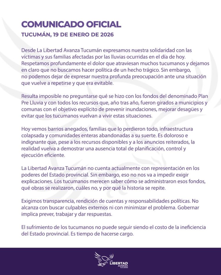 El comunicado libertario contra el Gobierno de Tucumán por las inundaciones El comunicado libertario contra el Gobierno de Tucumán por las inundaciones