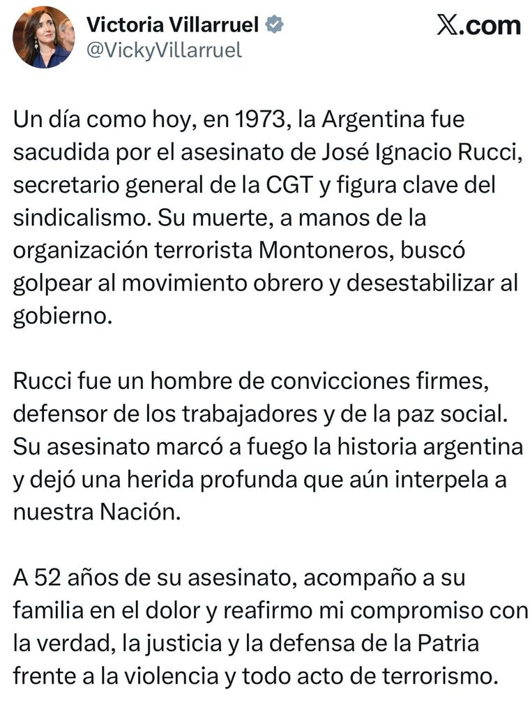 Victoria Villarruel recordó a José Ignacio Rucci y le pegó a Javier Milei.