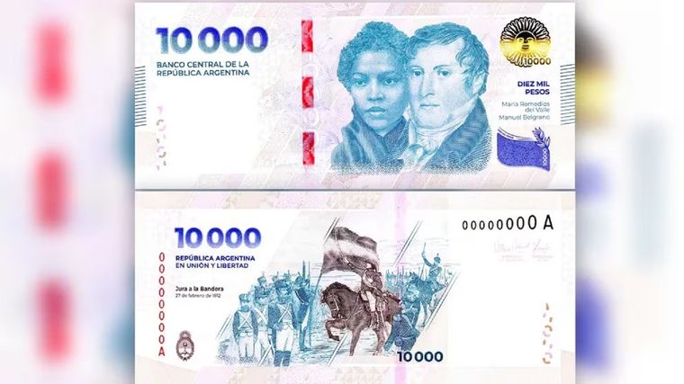 El billete de $10.000 lleva el rostro de Manuel Belgrano y de María Remedios del Valle. Foto: X (Twitter)