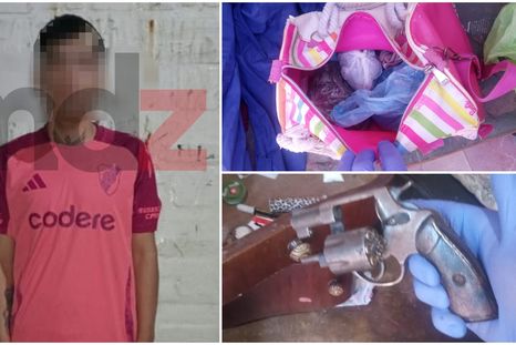El joven de 18 años aprehendido, el bolso con drogas hallado y el revólver incautado. Foto: MDZ.