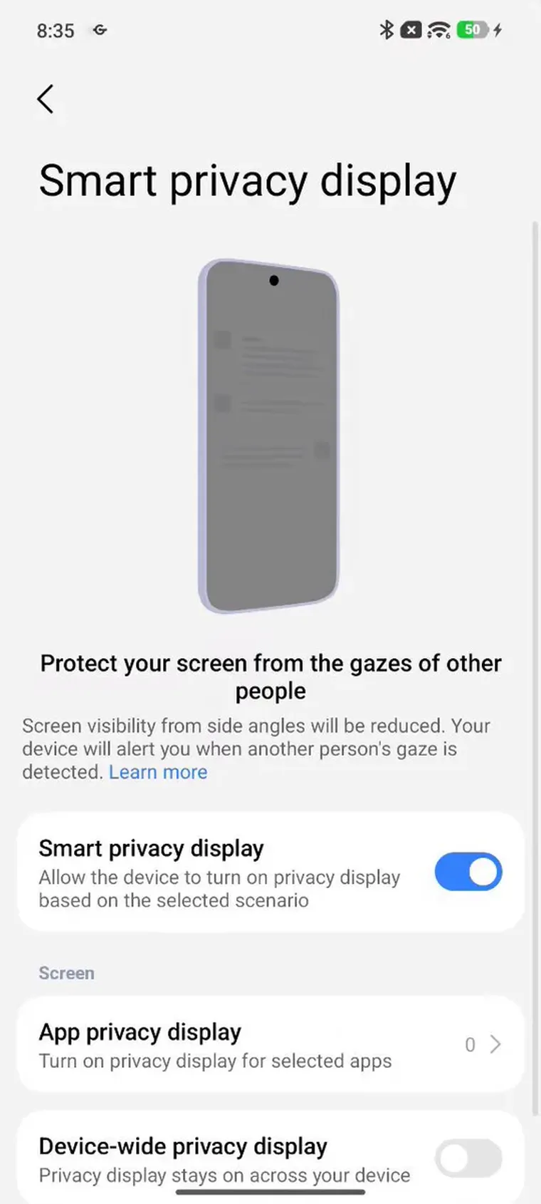 La tecnología Privacy Display limita la visibilidad lateral de la información en el teléfono. La tecnología Privacy Display limita la visibilidad lateral de la información en el teléfono.