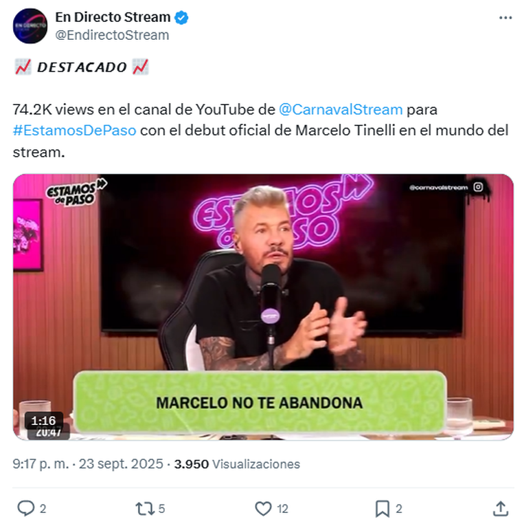 Gran número para Marcelo Tinelli. Foto: captura de pantalla X/ @EndirectoStream. Gran número para Marcelo Tinelli. Foto: captura de pantalla X/ @EndirectoStream.