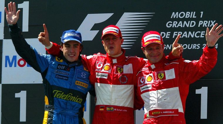 Schumacher y Barrichello junto a un joven Fernando Alonso. Fórmula 1 Foto: Fórmula 1