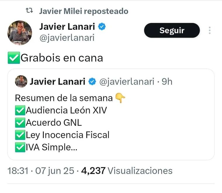 El mensaje reposteado por Milei. El mensaje reposteado por Milei. 