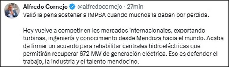 Alfredo Cornejo destacó el regreso de IMPSA a los mercados internacionales (X). Alfredo Cornejo destacó el regreso de IMPSA a los mercados internacionales (X).