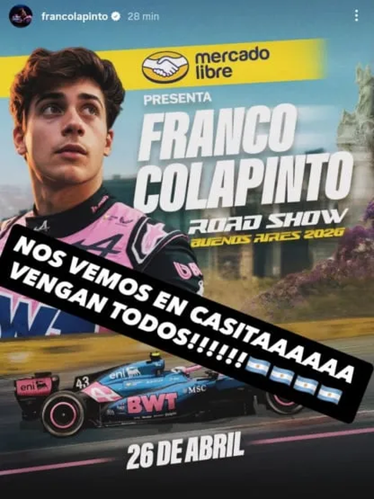 La historia que subió Colapinto a su Instagram tras confirmarse la exhibición en Buenos Aires. La historia que subió Colapinto a su Instagram tras confirmarse la exhibición en Buenos Aires.