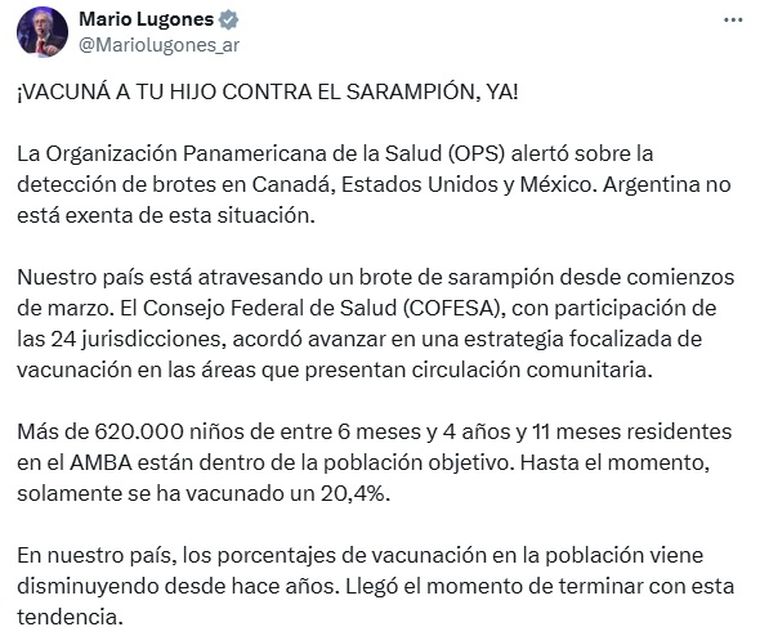El comunicado por parte del Ministerio de Salud a cargo de Mario Lugones. El comunicado por parte del Ministerio de Salud a cargo de Mario Lugones.