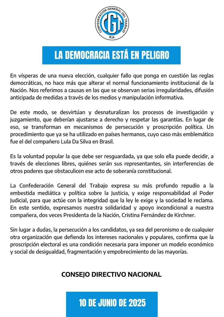 La CGT defendió a Cristina Kirchner y denunció La CGT defendió a Cristina Kirchner y denunció