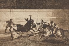 Estampa N. 38E, Espanto y confusión en la defensa del chulo cogido, de Francisco de Goya/ Serie Tauromaquia, 1818/ Técnica: aguafuerte, aguatinta y punta seca / Medidas: 25.7 x 36.5 cm Foto: Obras de Bellas Artes