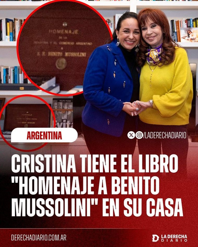El posteo de La Derecha Diario en referencia al libro que posee Cristina Fernández de Kirchner. Foto: x El posteo de La Derecha Diario en referencia al libro que posee Cristina Fernández de Kirchner. Foto: x