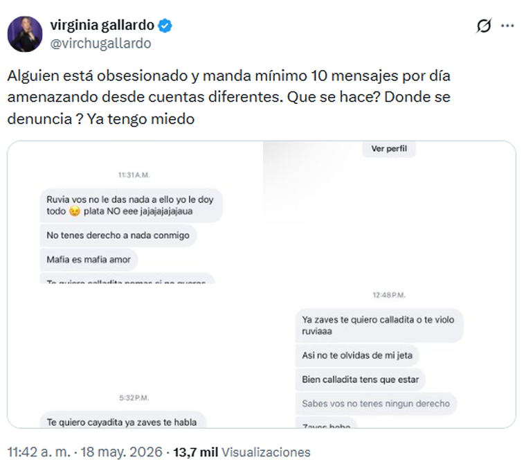 El posteo que realizó Virginia Gallardo en la red social X. El posteo que realizó Virginia Gallardo en la red social X. 