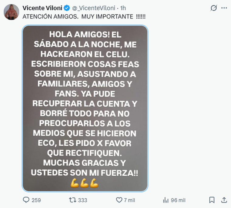 Vicente confirmó que se trató de un hackeo en la cuenta. Vicente confirmó que se trató de un hackeo en la cuenta.