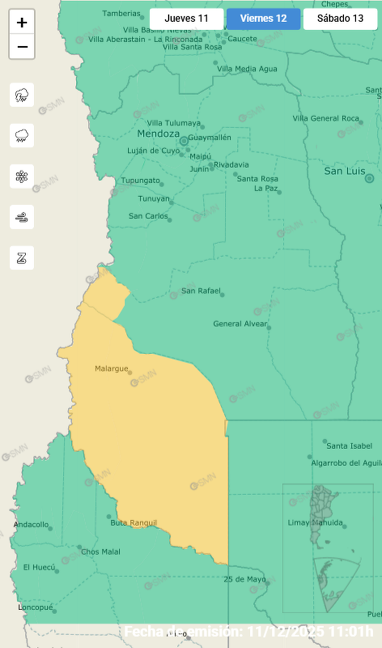 Hay una alerta amarilla en el sur de Mendoza por viento Zonda. Hay una alerta amarilla en el sur de Mendoza por viento Zonda.