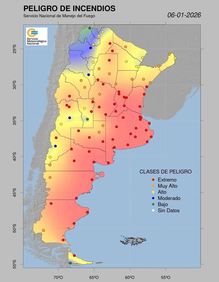 El mapa de riesgo por incendios en Argentina. El mapa de riesgo por incendios en Argentina.