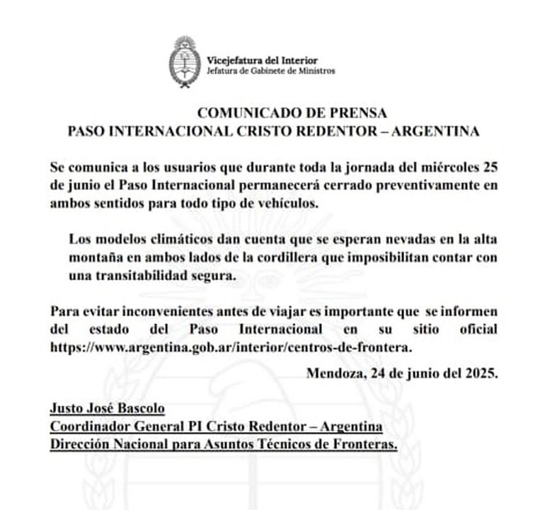 El comunicado oficial emitido por las autoridades del paso a Chile El comunicado oficial emitido por las autoridades del paso a Chile