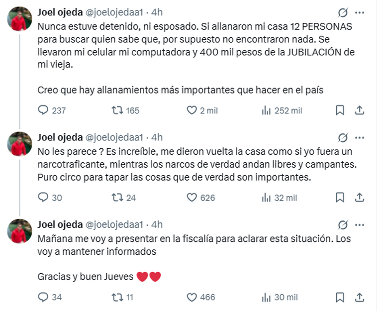 Joel Ojeda rompió el silencio y desmintió la detención. Foto: captura de pantalla X/ @joelojedaa1. Joel Ojeda rompió el silencio y desmintió la detención. Foto: captura de pantalla X/ @joelojedaa1.