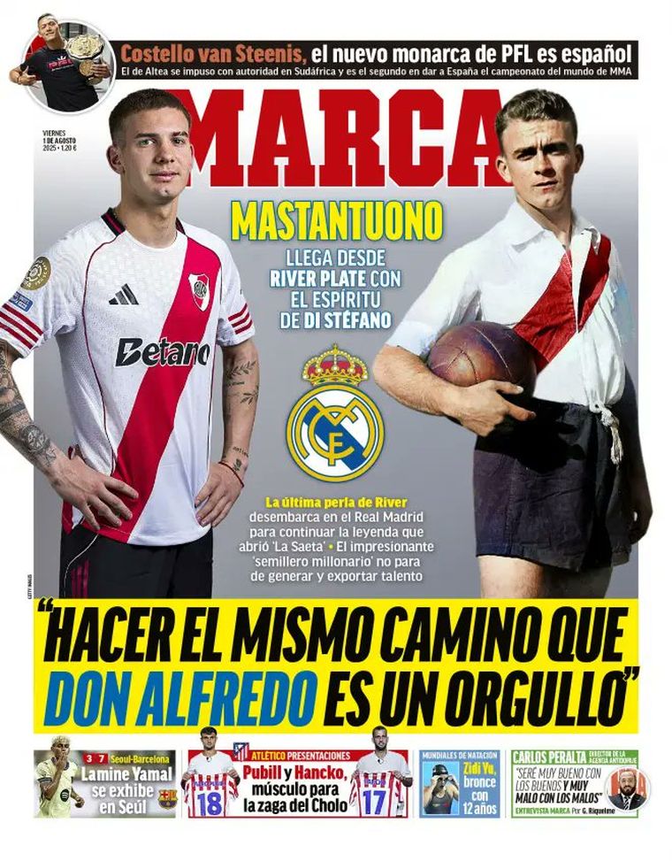 La portada de Marca con Mastantuono y Di Stéfano. La portada de Marca con Mastantuono y Di Stéfano.
