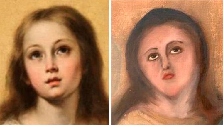 Inmaculada de Murillo a la izquierda, junto al primer intento de restauración de la obra.