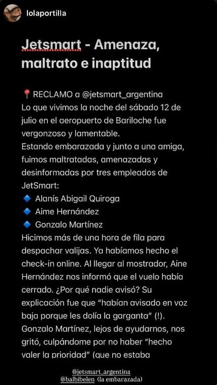 La situación que vivió Lola Portilla junto amiga embarazada con los empleados de JetSmart. La situación que vivió Lola Portilla junto amiga embarazada con los empleados de JetSmart.