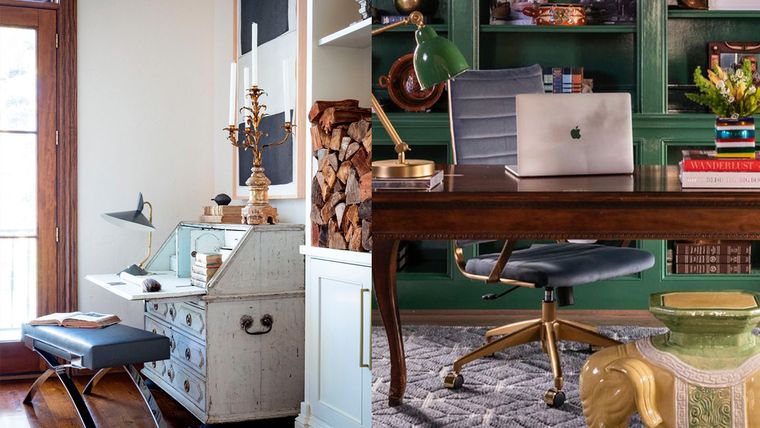 Decorar con arte y antiguedades, como el candelabro y un escritorio vintage (izquierda) y una silla usada y cómoda en el escritorio (derecha). Tara Shaw y Creative Tonic Design / Julie Soefer. Decorar con arte y antiguedades, como el candelabro y un escritorio vintage (izquierda) y una silla usada y cómoda en el escritorio (derecha). Tara Shaw y Creative Tonic Design / Julie Soefer.