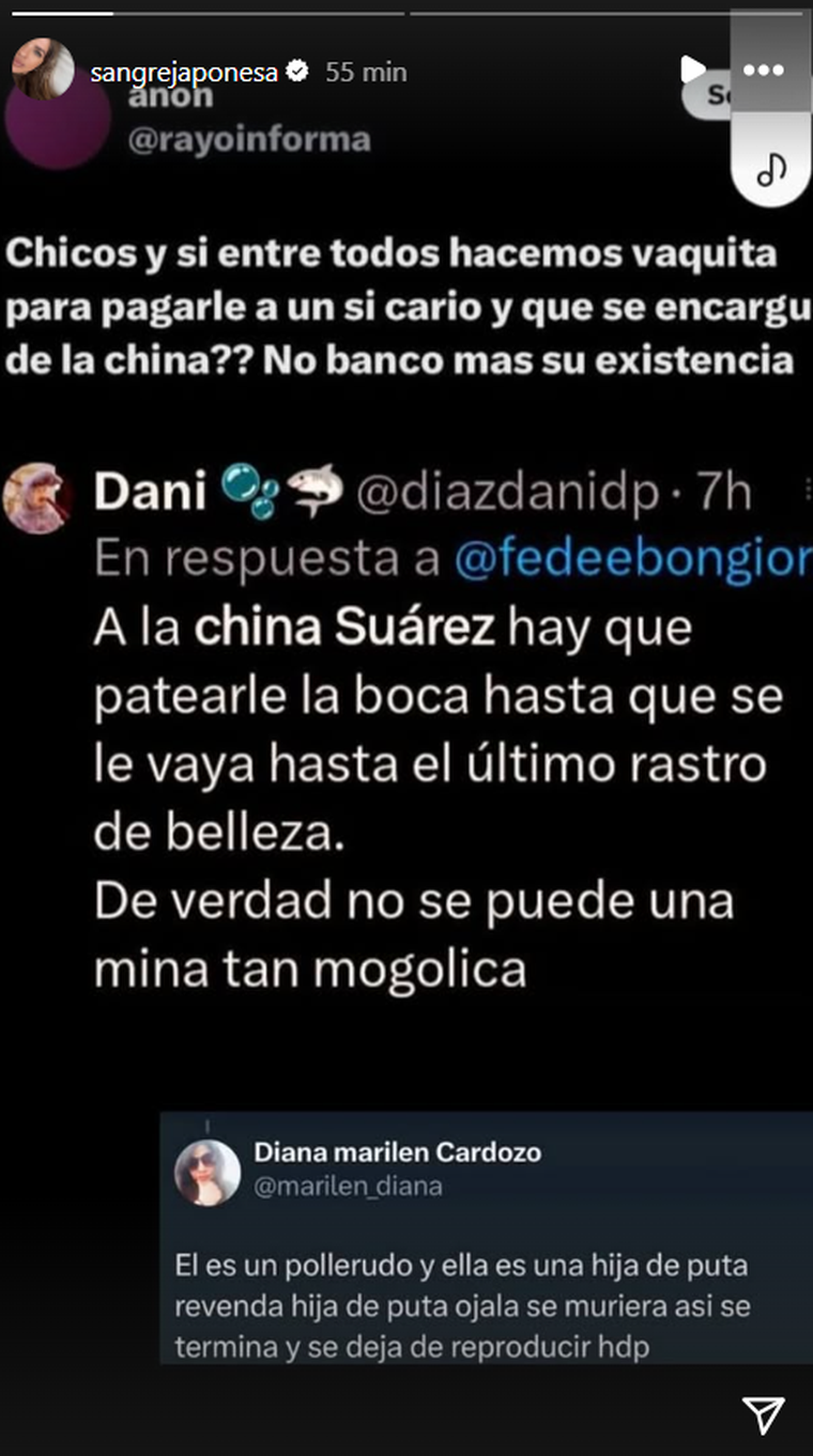 Las amenazas que compartió la China Suárez. Foto: Instagram/ @sangrejaponesa. Las amenazas que compartió la China Suárez. Foto: Instagram/ @sangrejaponesa.