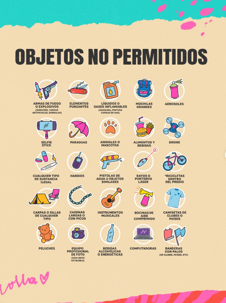Objetos no permitidos para ingresar al Lollapalooza. Objetos no permitidos para ingresar al Lollapalooza.