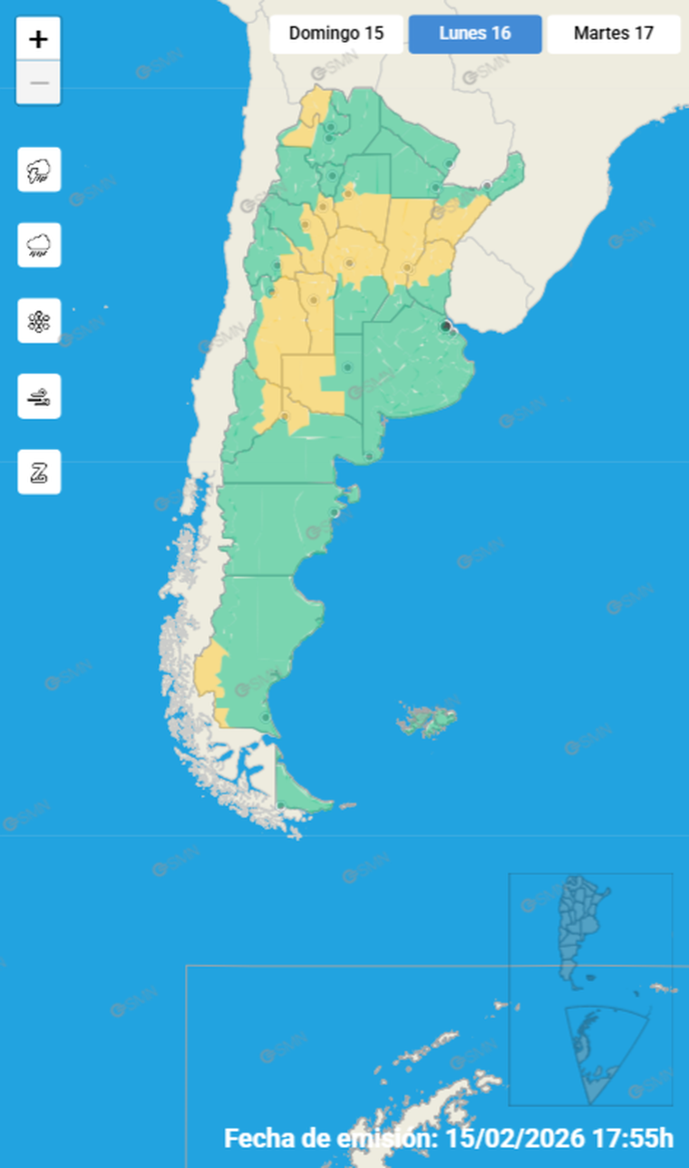 El mapa del SMN muestra las zonas con alertas meteorológicas vigentes y las áreas bajo vigilancia por tormentas en Argentina. El mapa del SMN muestra las zonas con alertas meteorológicas vigentes y las áreas bajo vigilancia por tormentas en Argentina.