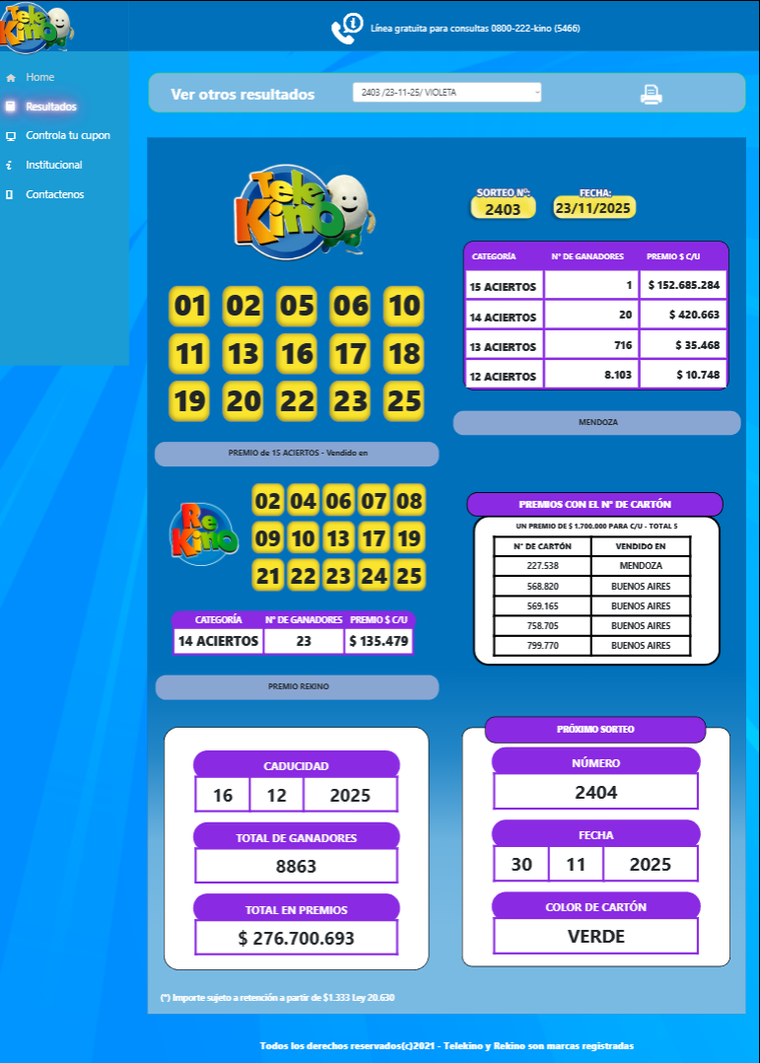 El sorteo de este domingo del Telekino.&nbsp;