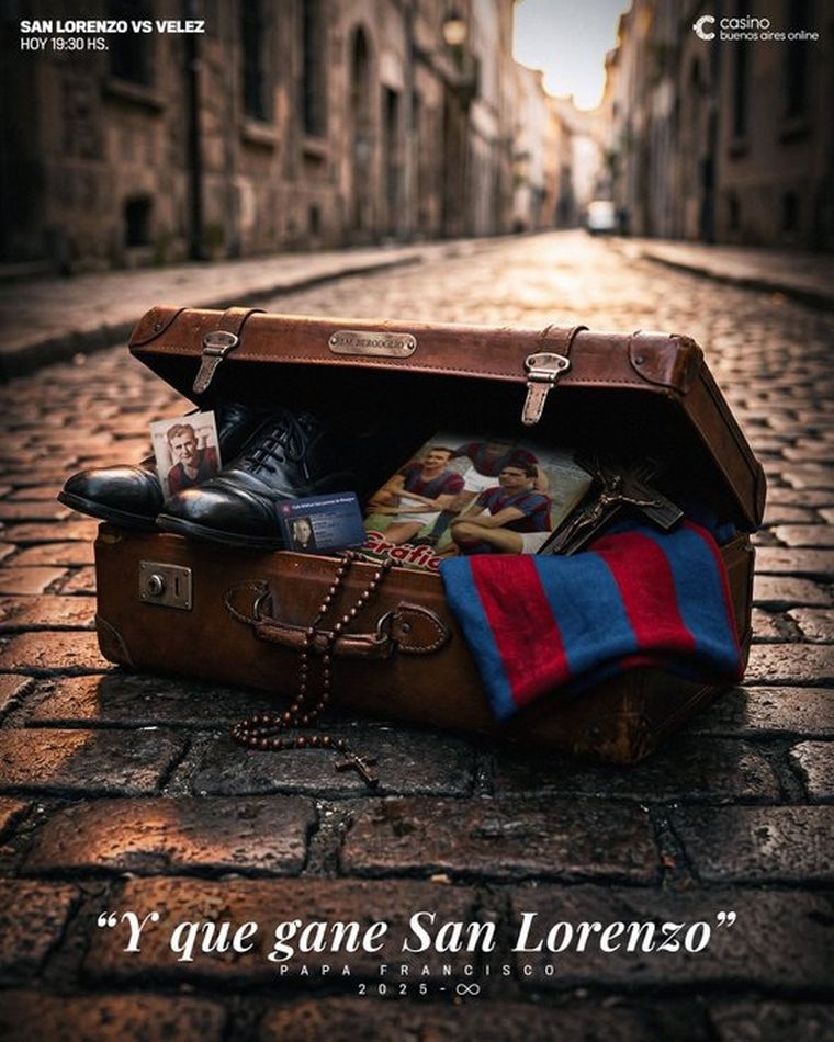La gráfica de San Lorenzo en homenaje al Papa Francisco para anunciar el encuentro ante Vélez. La gráfica de San Lorenzo en homenaje al Papa Francisco para anunciar el encuentro ante Vélez. 