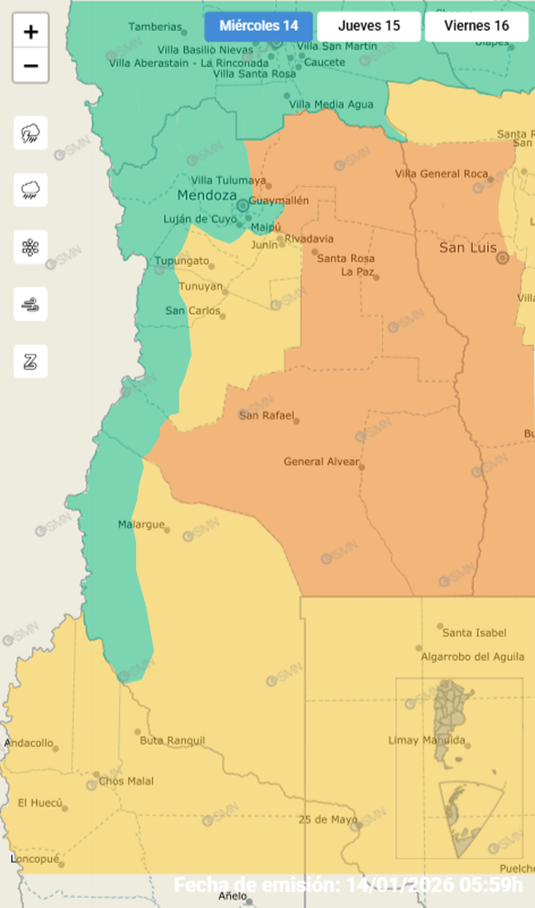 Varias zonas de Mendoza se encuentran bajo alerta naranja y amarilla por lluvias y granizo. Varias zonas de Mendoza se encuentran bajo alerta naranja y amarilla por lluvias y granizo.