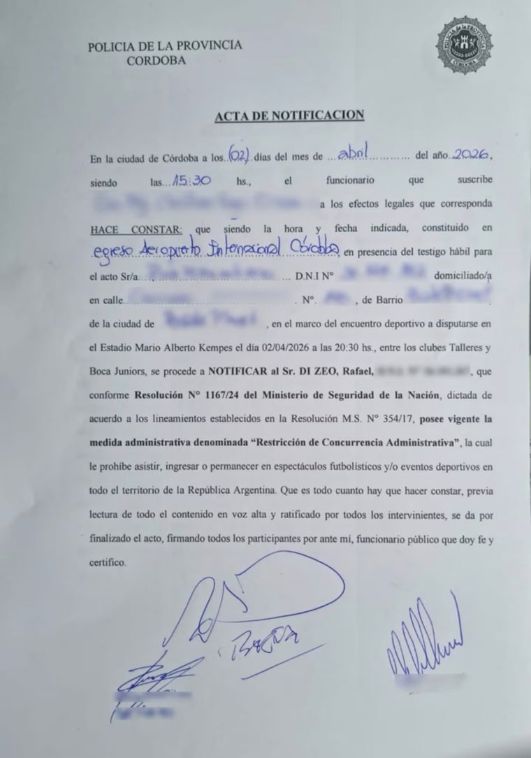 El acta que firmó Rafael Di Zeo en Córdoba. El acta que firmó Rafael Di Zeo en Córdoba. 