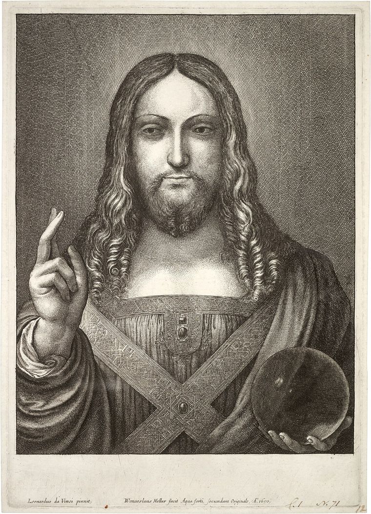 Uno de los grabados más antiguos que reproducen el “Salvator Mundi” de Leonardo. Obra de Wenceslao Hollar.