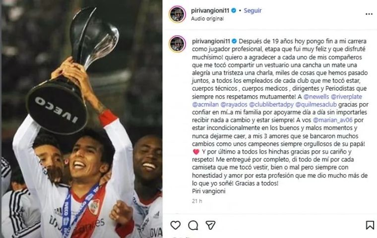 Leonel Vangioni anunció su retiro del fútbol con una sentida carta en su cuenta de Instagram. Leonel Vangioni anunció su retiro del fútbol con una sentida carta en su cuenta de Instagram.