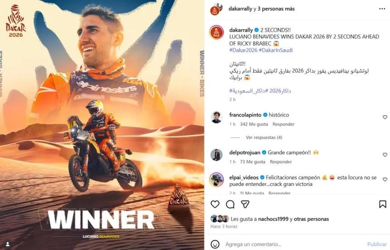 El mensaje de Franco Colapinto en Instagram tras el triunfo de Luciano Benavides en el Rally Dakar. El mensaje de Franco Colapinto en Instagram tras el triunfo de Luciano Benavides en el Rally Dakar.