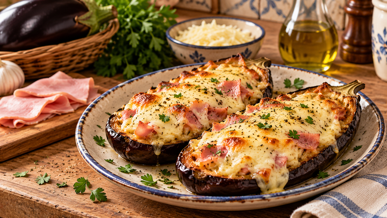Berenjenas asadas rellenas de mozzarella y jamón, tus nuevas favoritas para la cena