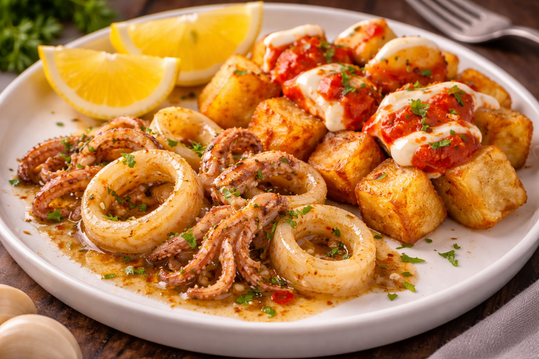 Un plato perfecto de calamares al ajillo, acompañados de patatas bravas ¡la mejor receta del mundo! Un plato perfecto de calamares al ajillo, acompañados de patatas bravas ¡la mejor receta del mundo!
