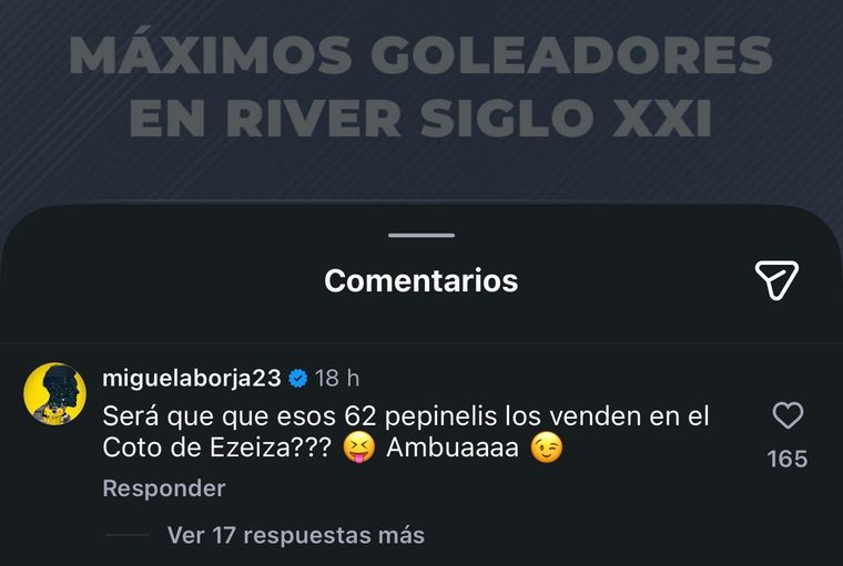 El comentario de Borja en redes, en un posteo que recuerda que es el 2° máximo goleador de River en el Siglo XXI. El comentario de Borja en redes, en un posteo que recuerda que es el 2° máximo goleador de River en el Siglo XXI.