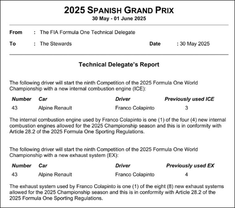 El reporte que notifica el cambio realizado por Alpine en el auto de Franco Colapinto. El reporte que notifica el cambio realizado por Alpine en el auto de Franco Colapinto.