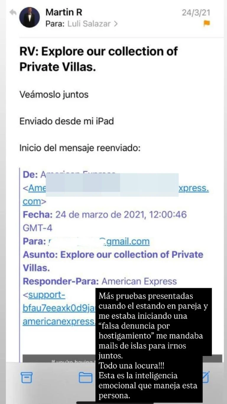 Las capturas de los mails que publicó Luli Salazar: invitaciones a cenas románticas en Estados Unidos. Las capturas de los mails que publicó Luli Salazar: invitaciones a cenas románticas en Estados Unidos.