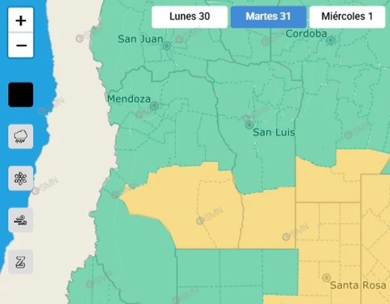 El SMN emitió un alerta para este martes en el sur de Mendoza. El SMN emitió un alerta para este martes en el sur de Mendoza.