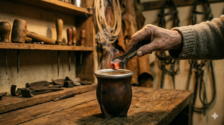 Colocar una brasa en el mate ayuda a eliminar la humedad acumulada. Foto: Gemini IA