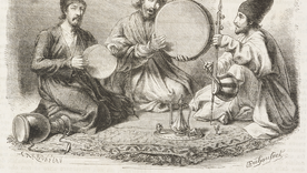 "Músicos persas de Irán" es una ilustración de 1860 hecha por Emile Duhousset.