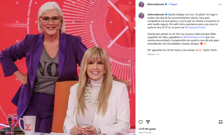 Débora Damato renunció al programa de Viviana Canosa. Foto: captura de pantalla Instagram/ @deboradamato. Débora Damato renunció al programa de Viviana Canosa. Foto: captura de pantalla Instagram/ @deboradamato.