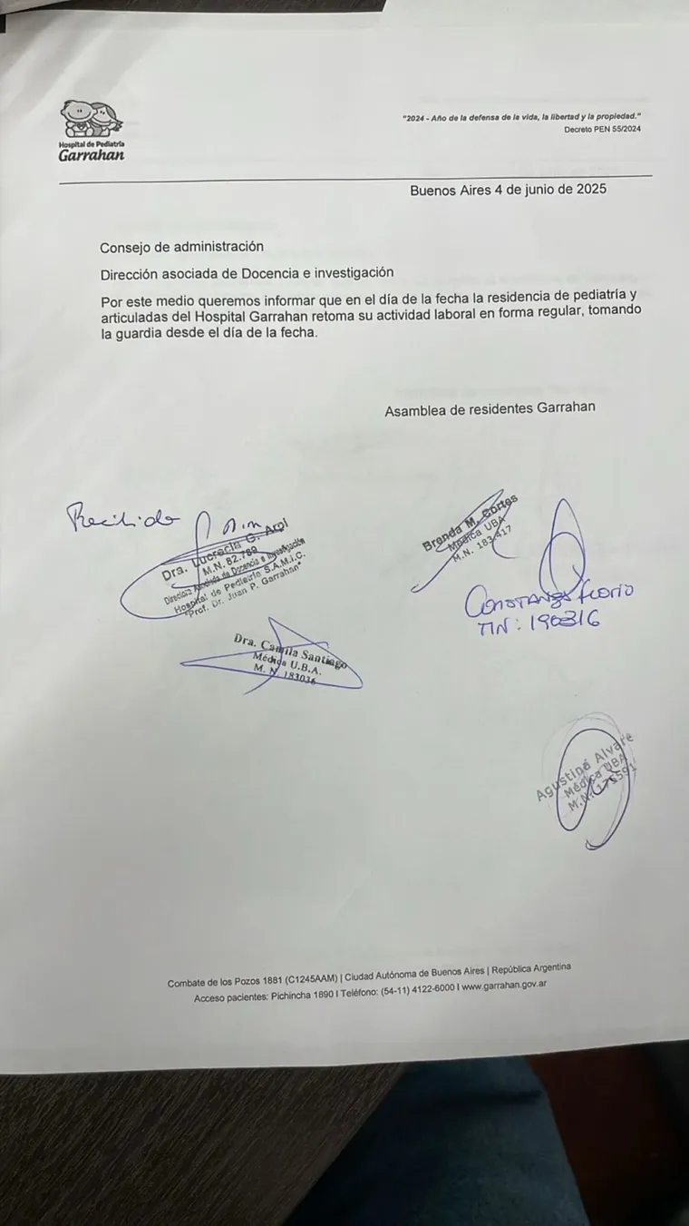 El Comunicado de la Asamblea de Residentes del Hospital Garrahan en el que confirmaban el fin del paro. El Comunicado de la Asamblea de Residentes del Hospital Garrahan en el que confirmaban el fin del paro.